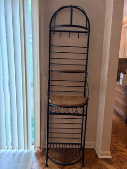 Tall Narrow Metal Baker’s Rack with Wood Shelves and Hooks