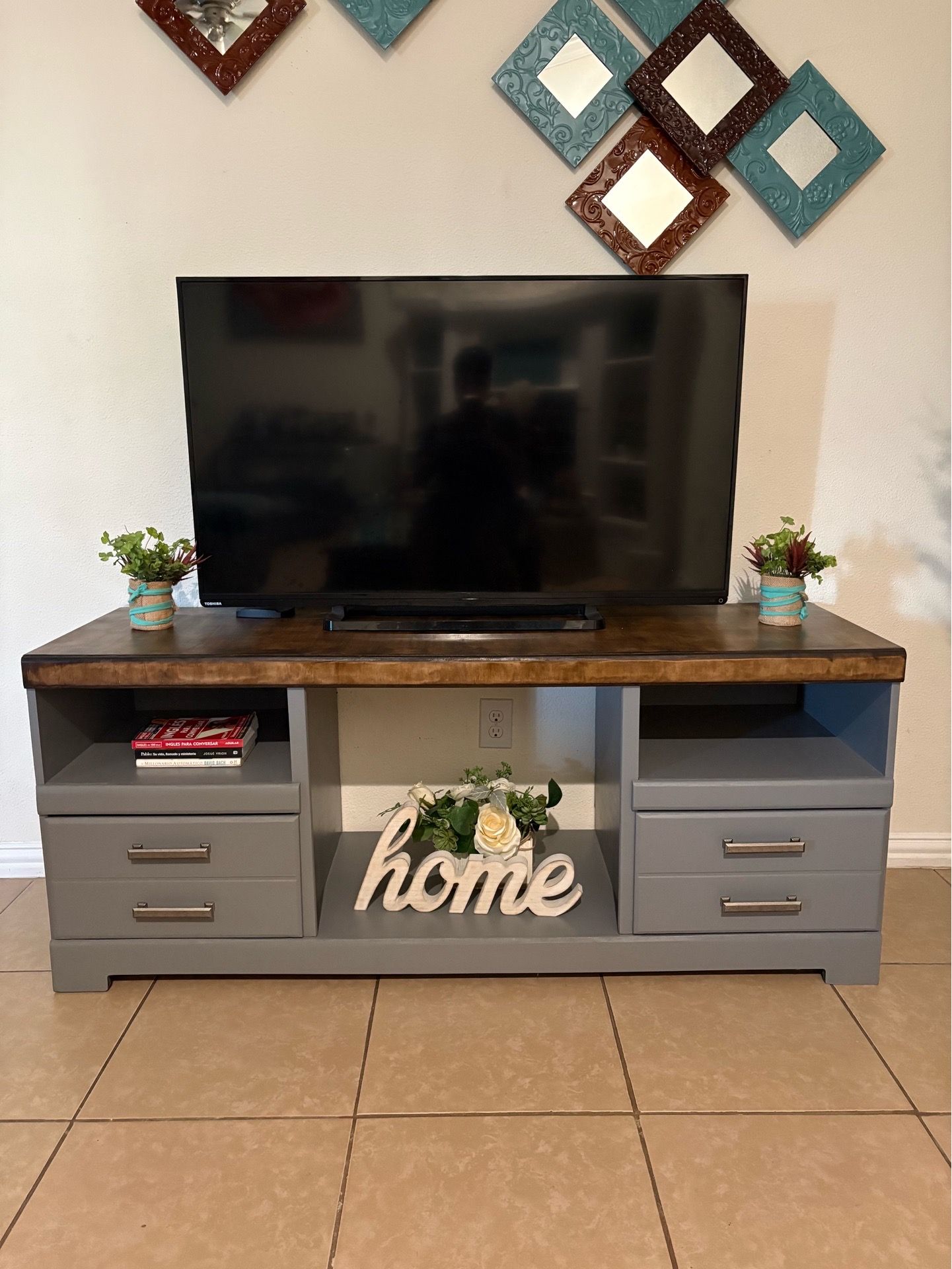 Refinished Gray TV Stand with Wood Top
