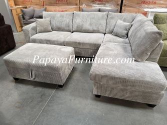 NEW Grey Fabric Sectional Couch and STORAGE Ottoman Set Living Room Sofa Chaise Lounge USB Charging Port 106" Wide BIG Discount Clearance SALE Gray