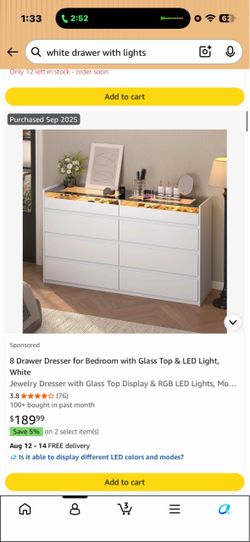 White 8-Drawer Dresser with Glass Top and LED Lights
