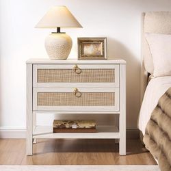 26.7" Wide Boho Rattan Nightstand, White Oak Bedside Table with 2 Drawers & Open Shelf, Large Side Table for King Size Bed, Modern Coastal Accent Tabl