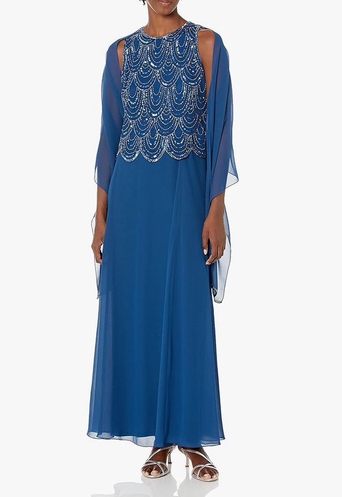 $40 Size 16 Women's Sleeveless Beaded Pop Over Long Dress with Scarf For Special Occasion Wedding Guest Evening Dress