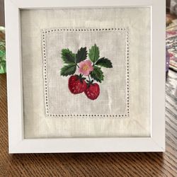 Handmade Framed Embroidery Strawberry Art