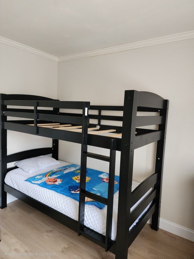 Wood Bunk Bed With 2 Twin Mattresses