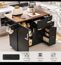Kitchen Island Cart with Drop Leaf, Power Outlet, 3 Drawers & Rolling Storage, black