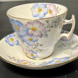 TF&SL 1950s Bone China Phoenix Wild Roses Pink Blue Cup Saucer, England