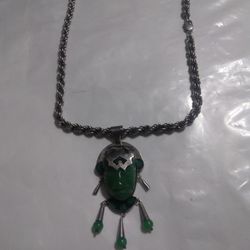 Vintage Silver Texco Mexican Large Jade Malachite Pendant Pendant Is 3 1/2 By 1 1/2 With  Sterling Silver Rope Necklace 24 In Long Use
