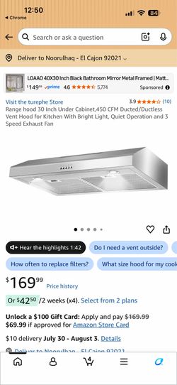 Range hood 30 Inch Under Cabinet,450 CFM Ducted/Ductless Vent Hood for Kitchen With Bright Light, Quiet Operation and 3 Speed Exhaust