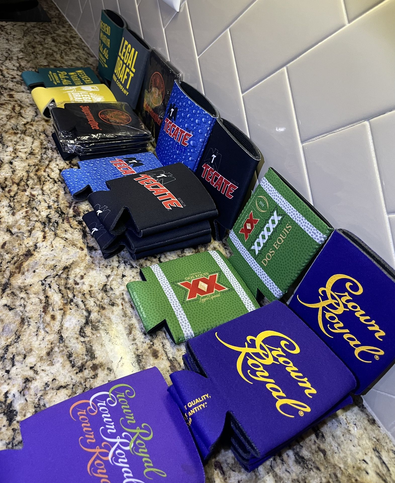 23 Koozies: Crown Royal, Dos, Tecate, Jäger, Karbach