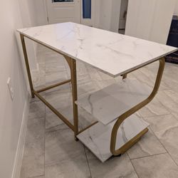 Office Desk White Faux Marble And Gold Base