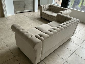 Modern Chesterfield Sofa & Loveseat Set – Beige Linen Tufted Couch – UsedCondition