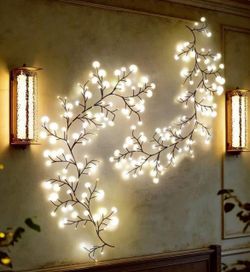 2 pcs / USB-Powered 96 LED Willow Vine Wall Lights - Warm White, 5.9ft/1.8m Artificial Plant Branch Lighting For Cozy Living Room & Bedroom Decor, Per