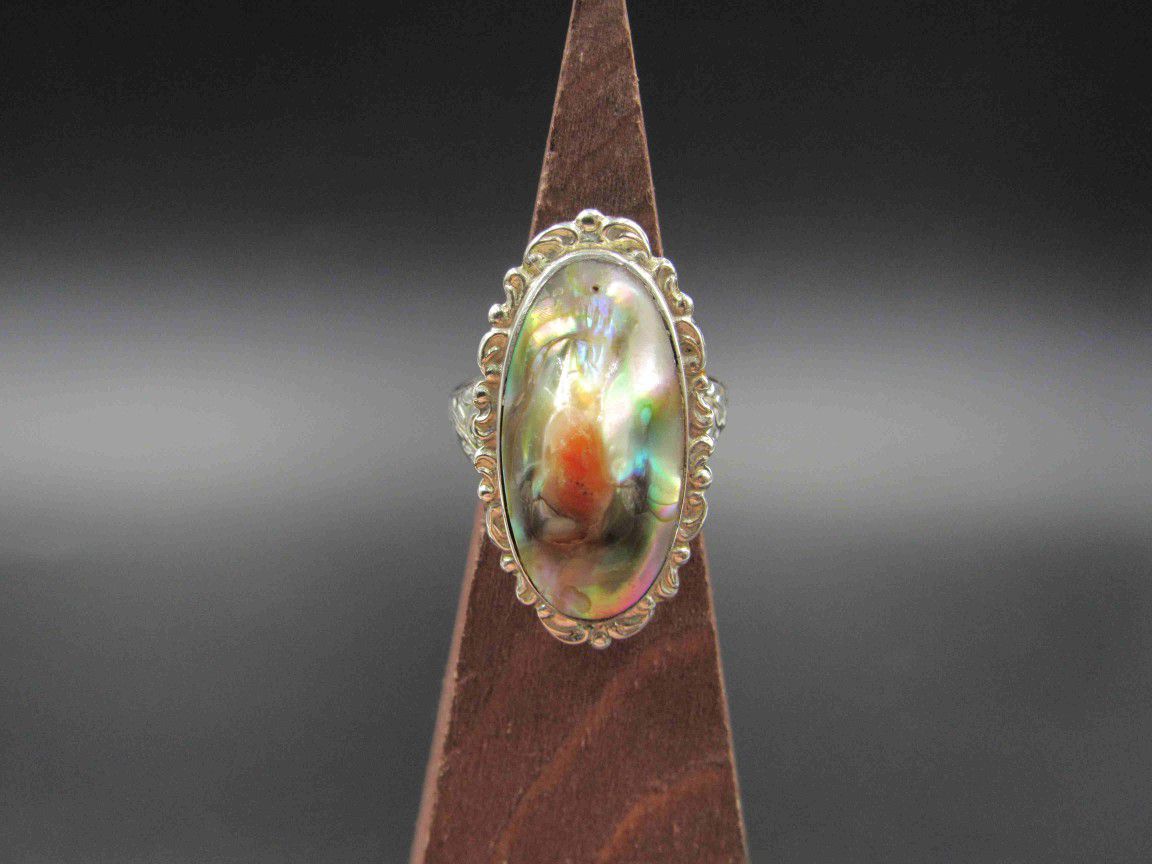 Size 7 Sterling Silver Rustic Ornate Abalone Shell Band Ring Vintage Statement Engagement Wedding Promise Anniversary Bridal Cool Special