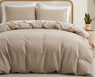 LOVQUE Bedding Duvet Cover Queen Size, 100% Washed Cotton Linen Like Natural Bedding Set