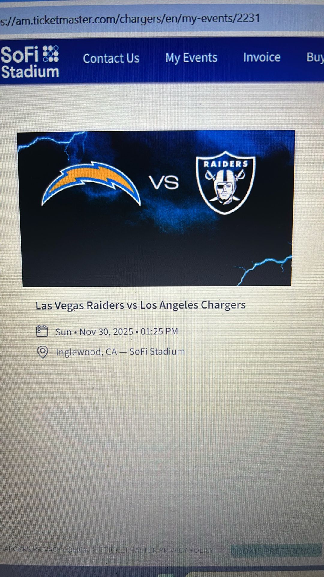 Chargers Vs Las Vegas Raiders 11/30 At Sofi