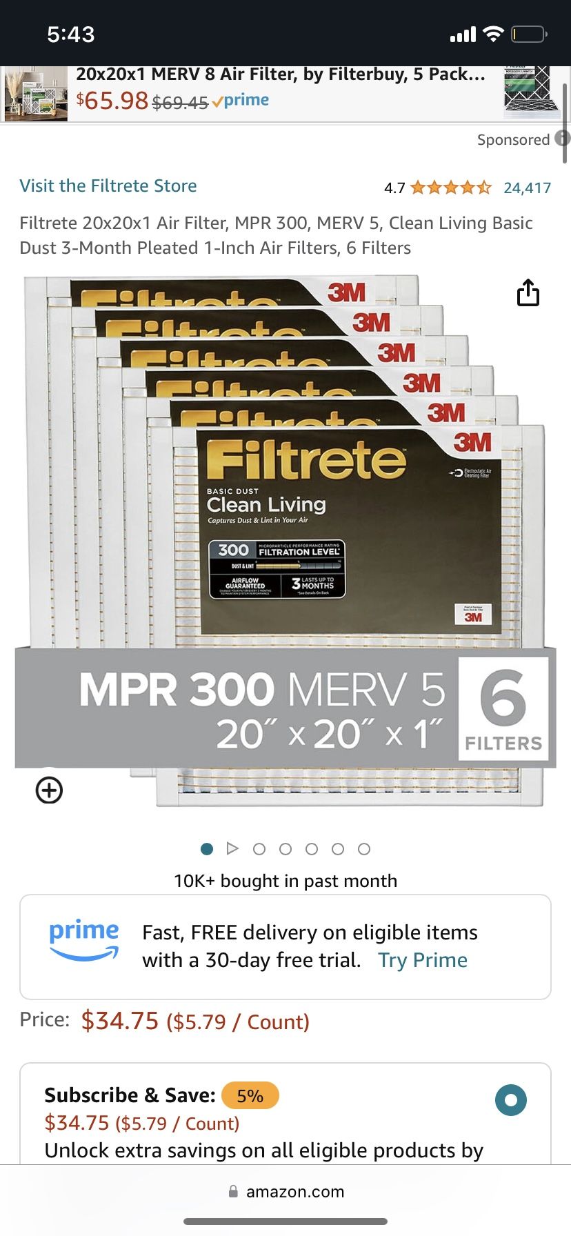 20x20x1 Air Filter 6 Pack