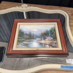 Thomas Kinkade Rustic Cabin Landscape Framed Print in Dark Wood