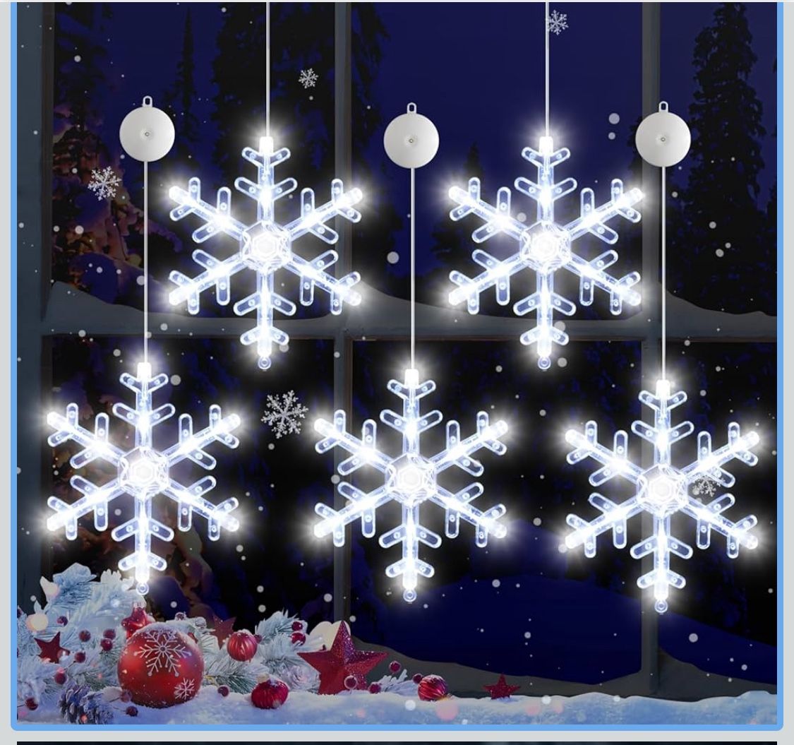4Pack Christmas Window Lights Decorations with Timer,Battery Powered Christmas Hanging White Lighted Snowflake Shaped LED Sucker for Xmas Tree Firepla