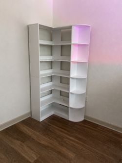 White 6-Tier L-Shaped Corner Bookshelf with LED Lights