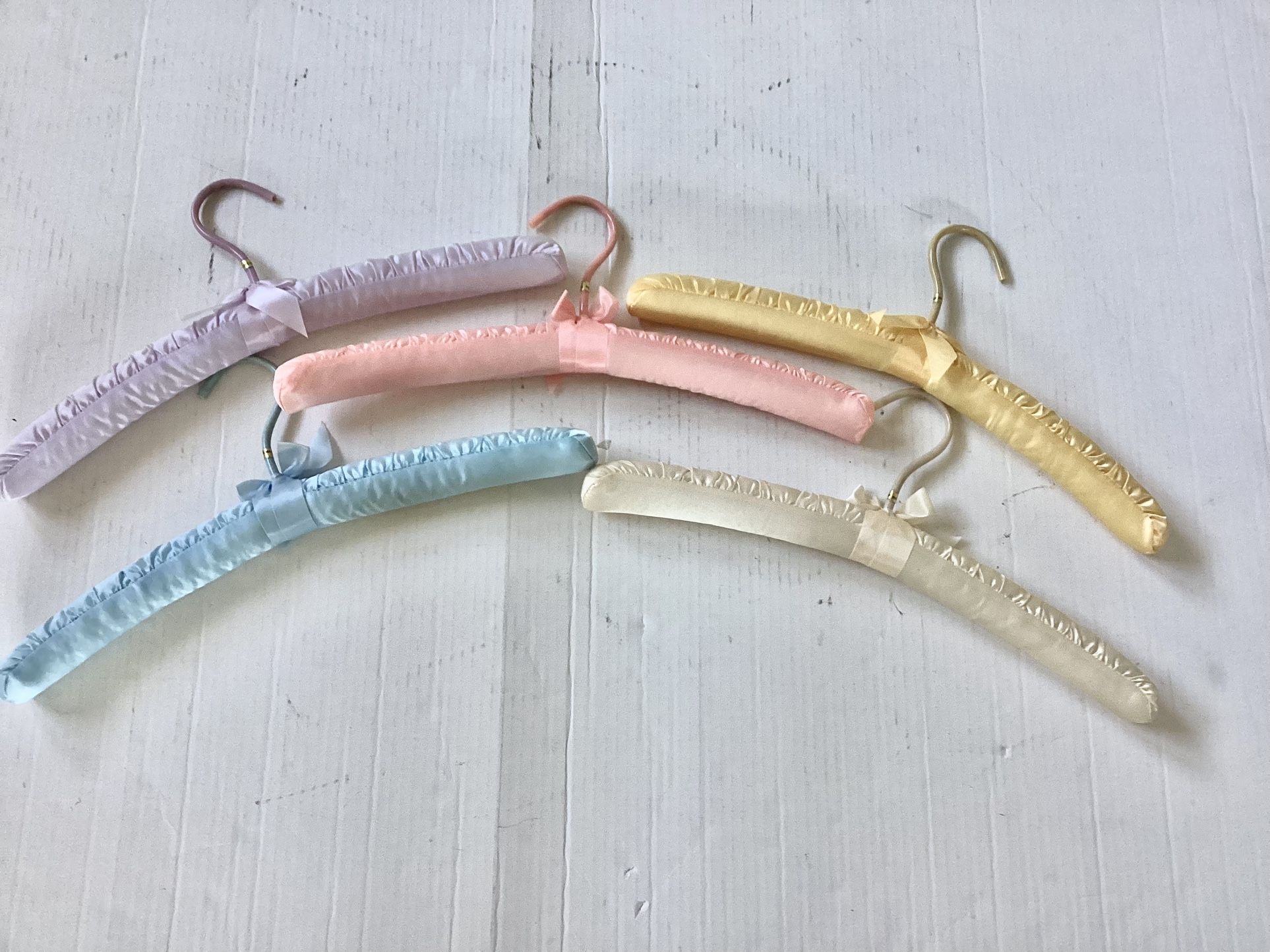5 NEW Satin Covered Padded Clothes Hangers Pastel Colors 14” Long