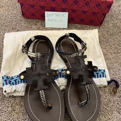 Tory Burch snake embossed chandler flat sandals