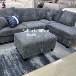 Beautiful ‼️ 3-Pc Corduroy Sectional Sofa W/Storage Ottoman + USB Port Brand New