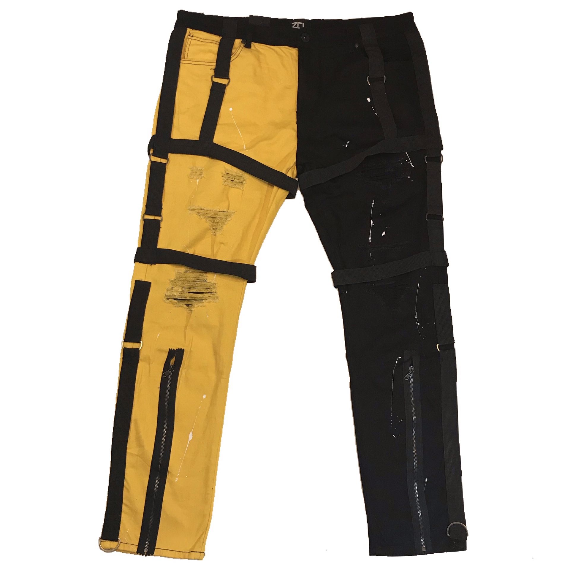 Men’s Black and Yellow Two tone Strapped up jeans. Sizes 32 36 38 and 40.
