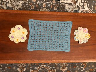 3 Pc Vintage Handmade Crochet Vanity Set - Blue Runner & Multicolor Pansy Doilies
