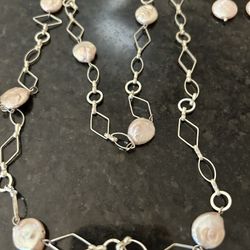 Multi Rainbow Keshi  Pearls Long  Silver Necklace And Earrings/ Mother Of Pearl Colors