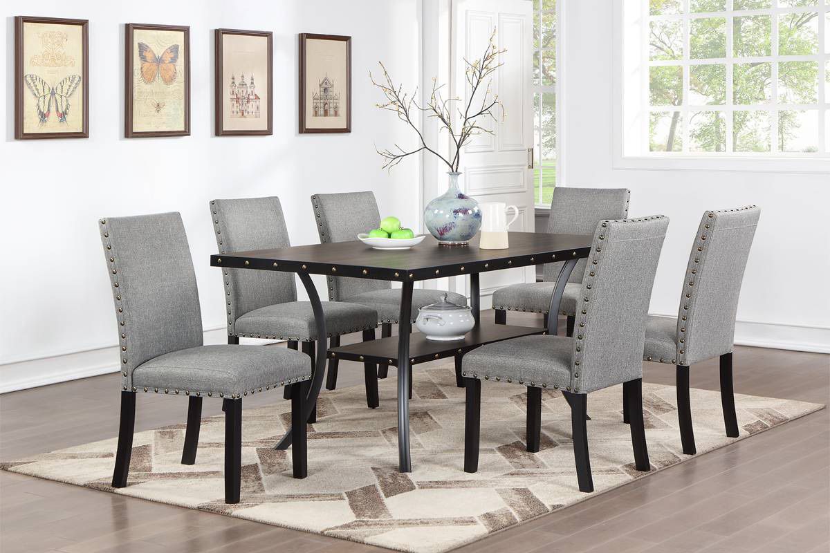 Brown Dining Table Set With 6 Gray Chairs (Free Delivery)