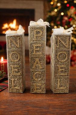 Noel Peace Joy Decorative Block Set Gold Glitter Holiday Christmas Decor