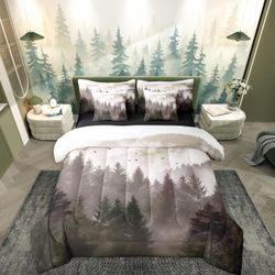 Green Smoky Forest 7 Pcs Bedding Set (Queen Size)