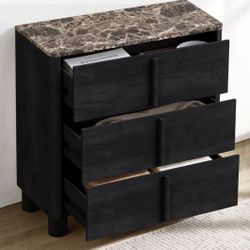 Set of 2 3-Drawer Black Wood Dressers with Faux Marble Tops