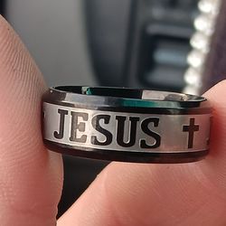 Men's Silver & Black Stainless Steel "Jesus" Ring-Size 9,