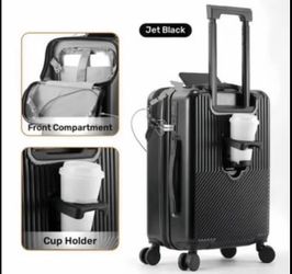 New black 20” carryon luggage suitcase, front storage, usb port, drink holder, TSA lock, side hook