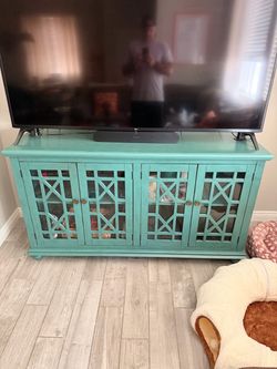 Teal TV Stand Cabinet with Glass Doors