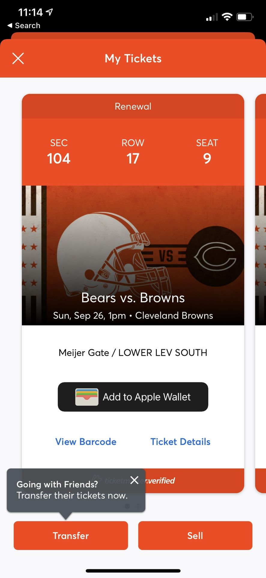 Browns Vs Bears tickets SEC-104/ 2 Tickets