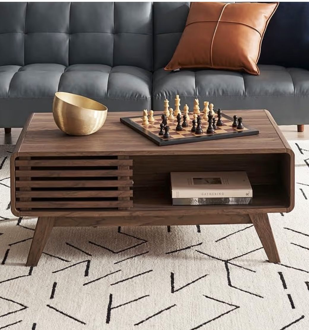 mopio Ensley Coffee Table, Mid Century Modern Table with Storage, Farmhouse Wood Coffee Table for Living Room Fluted (Walnut)