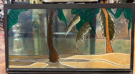 Hand Painted Vintage Window Panel with Tropical Beach Palm Trees 35” W x 19.5”H