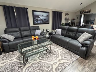 2x Sedona Charcoal Leather Power Reclining 87'' Sofa with Power Headrest.