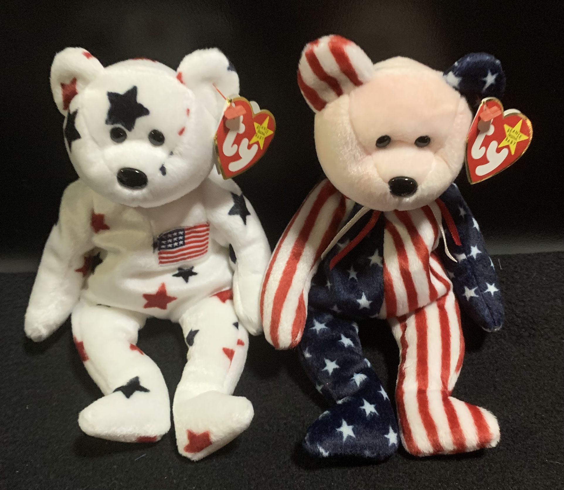 Two new Ty Beanie Babies 9” SPANGLE Pink Face patriotic flag day bear dated 6/14/99 and GLORY 4th of July bear dated 7/4/97