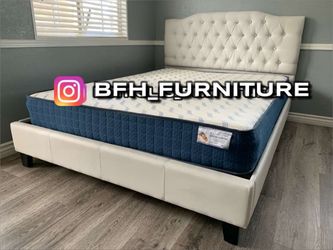 Queen white crystal button Bed with ortho mattress included