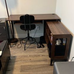 corner wood and metal desk with swivel chair