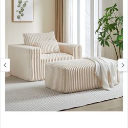 Square Arms Armchair with Ottoman Chaise Lounge Sofa Stripe Sleeper Sofa Bed Beige Accent Chair Sofa Club Couches