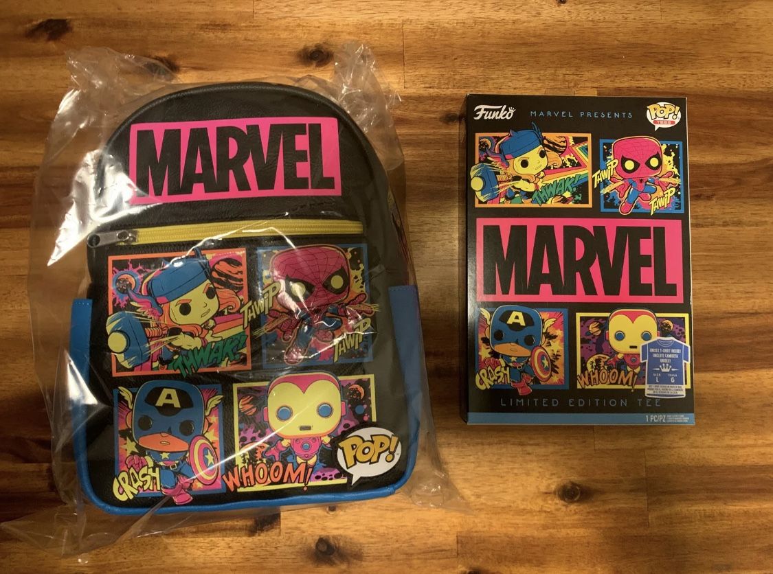 Marvel black light funko pop bundle (backpack and tee)
