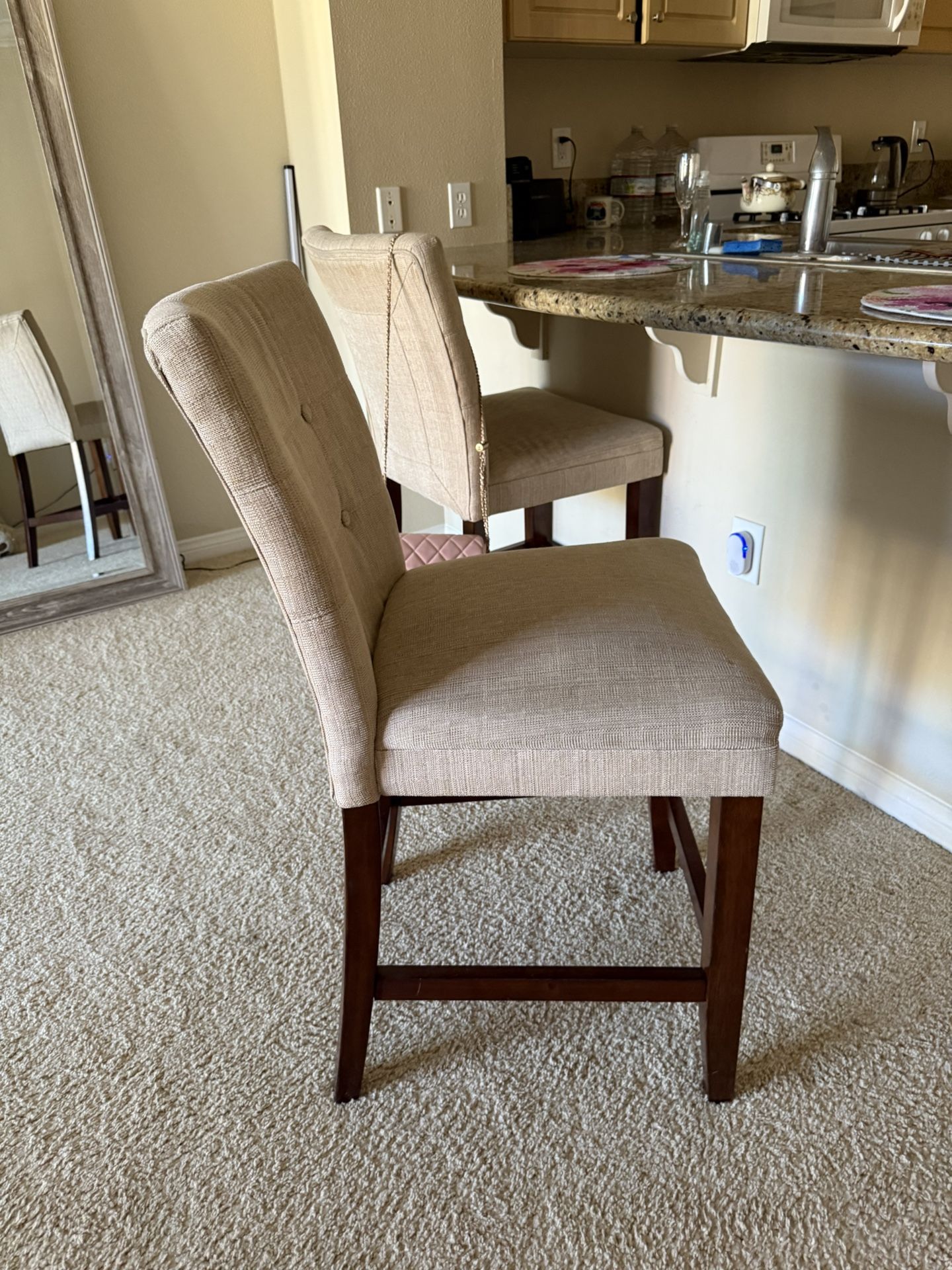 2 Upholstered Bar Stools – Beige Fabric