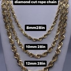 14K Solid Diamond Cut Rope Chain. 8mm-12mm 28in Brand New In Stock.