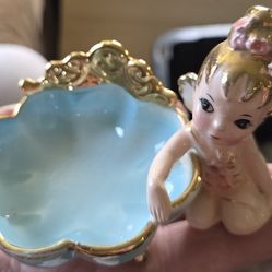 Josef Originals Sprite Trinket Dish Pixie Fairy Angel Baby Figurine Blue Pink Gold Rare