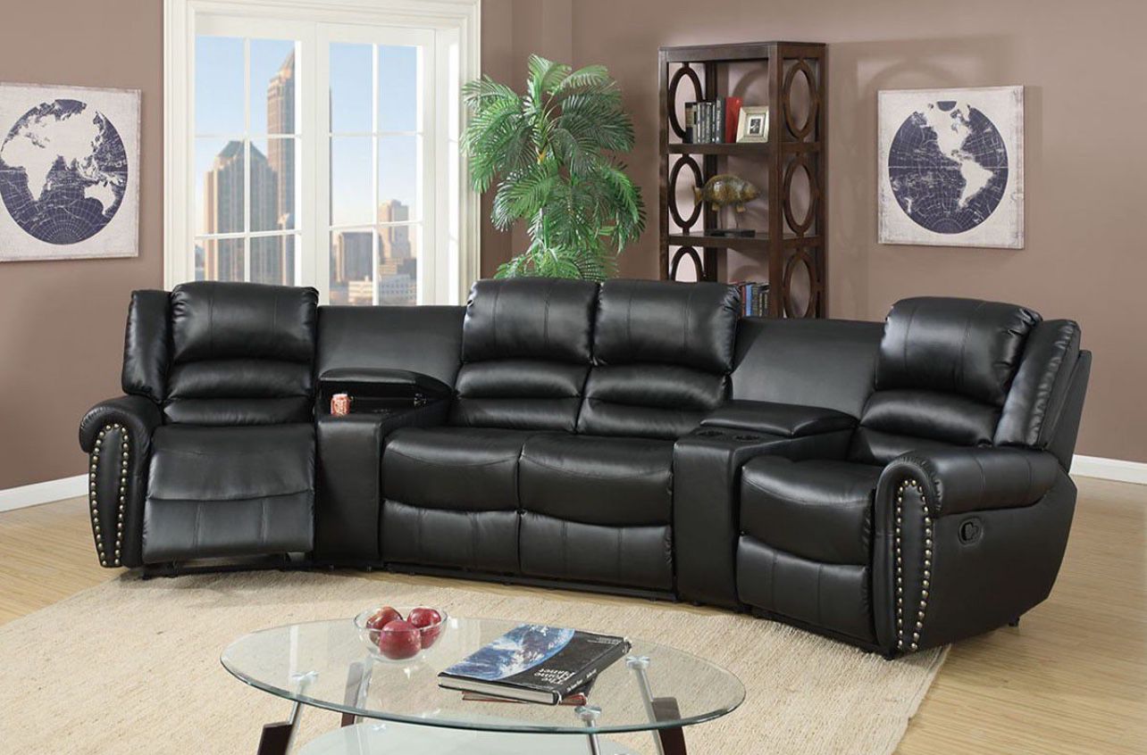 Brand New Leather Reclining Sectional Sofa (Black)