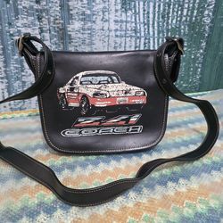 Coach Patricia Saddle 23 leather crossbody bag featuring a glittery graphic of a Camaro Z41 muscle car.  # Z